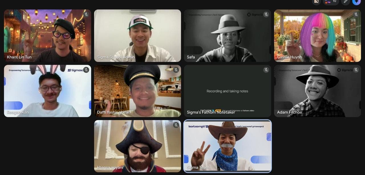 Sigmaschool team on a video call wearing costumes and silly filters