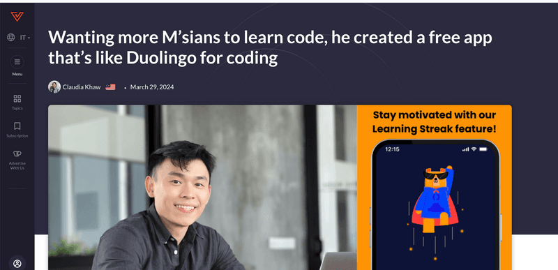 Vulcan Post: Wanting more M'sians to learn code, he created a free app that's like Duolingo for coding