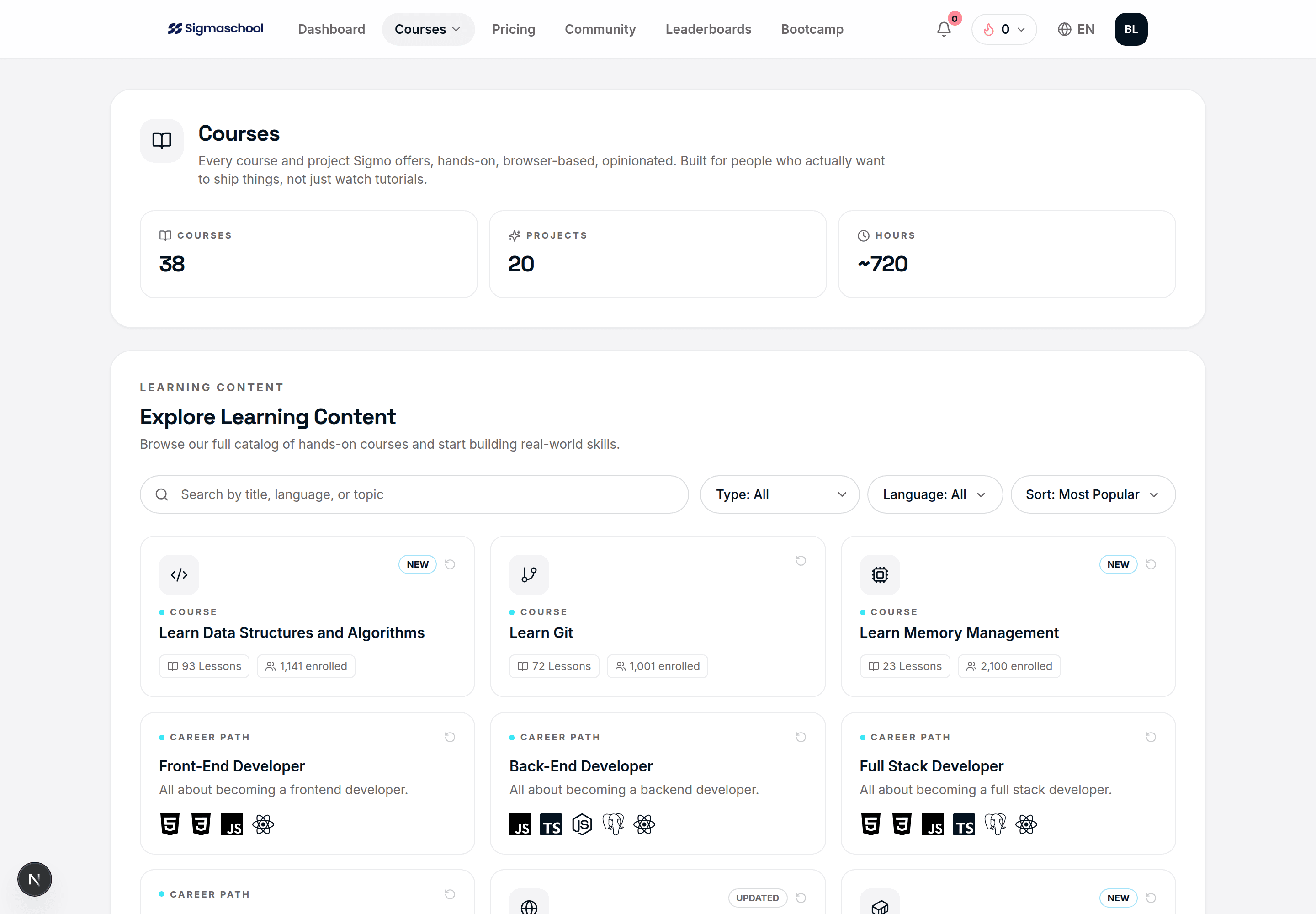 The Sigmo courses view - a structured, guided path of hands-on projects built by senior engineers.