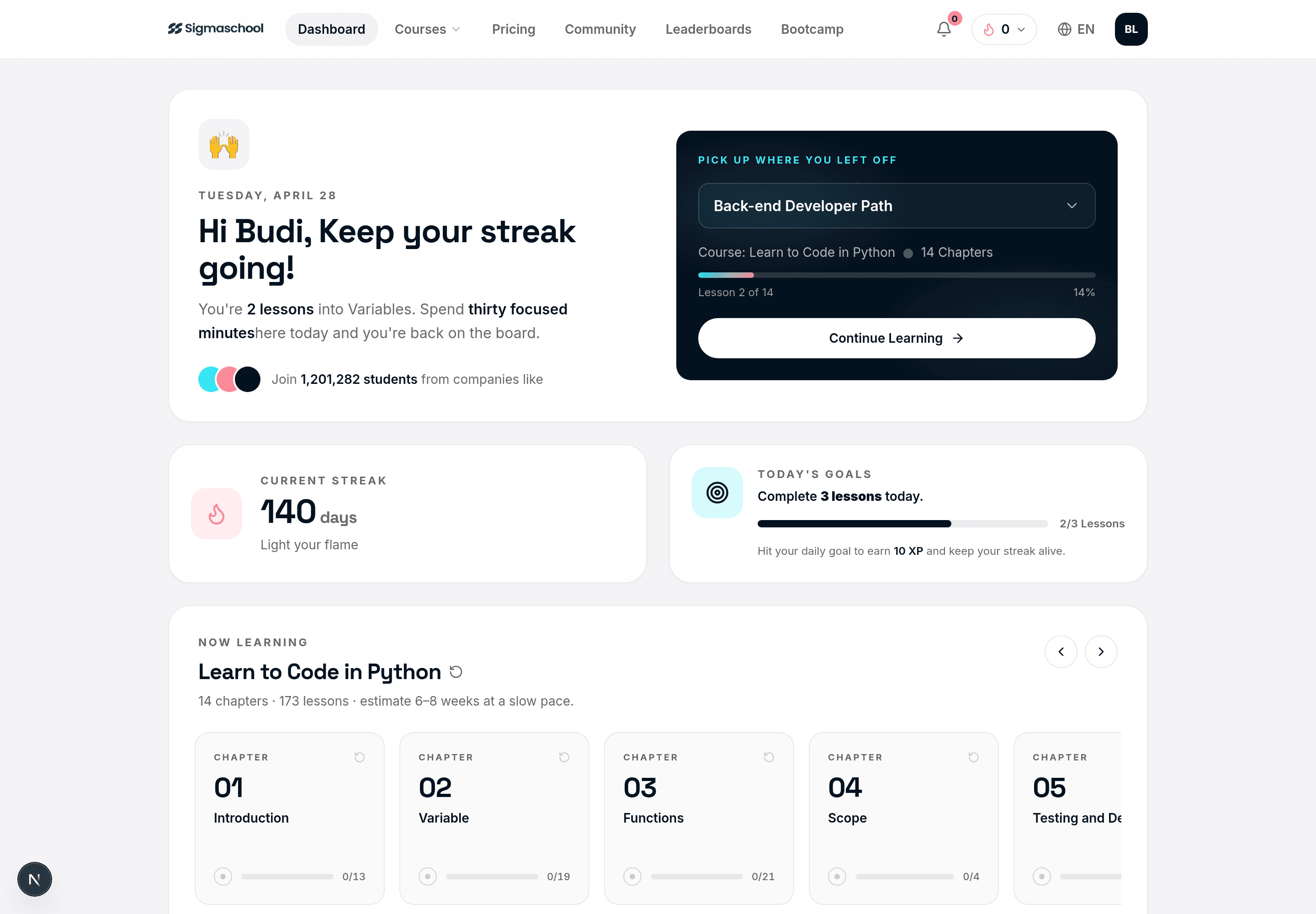 The Sigmo learning platform dashboard - daily streak, goals, and your guided learning path.