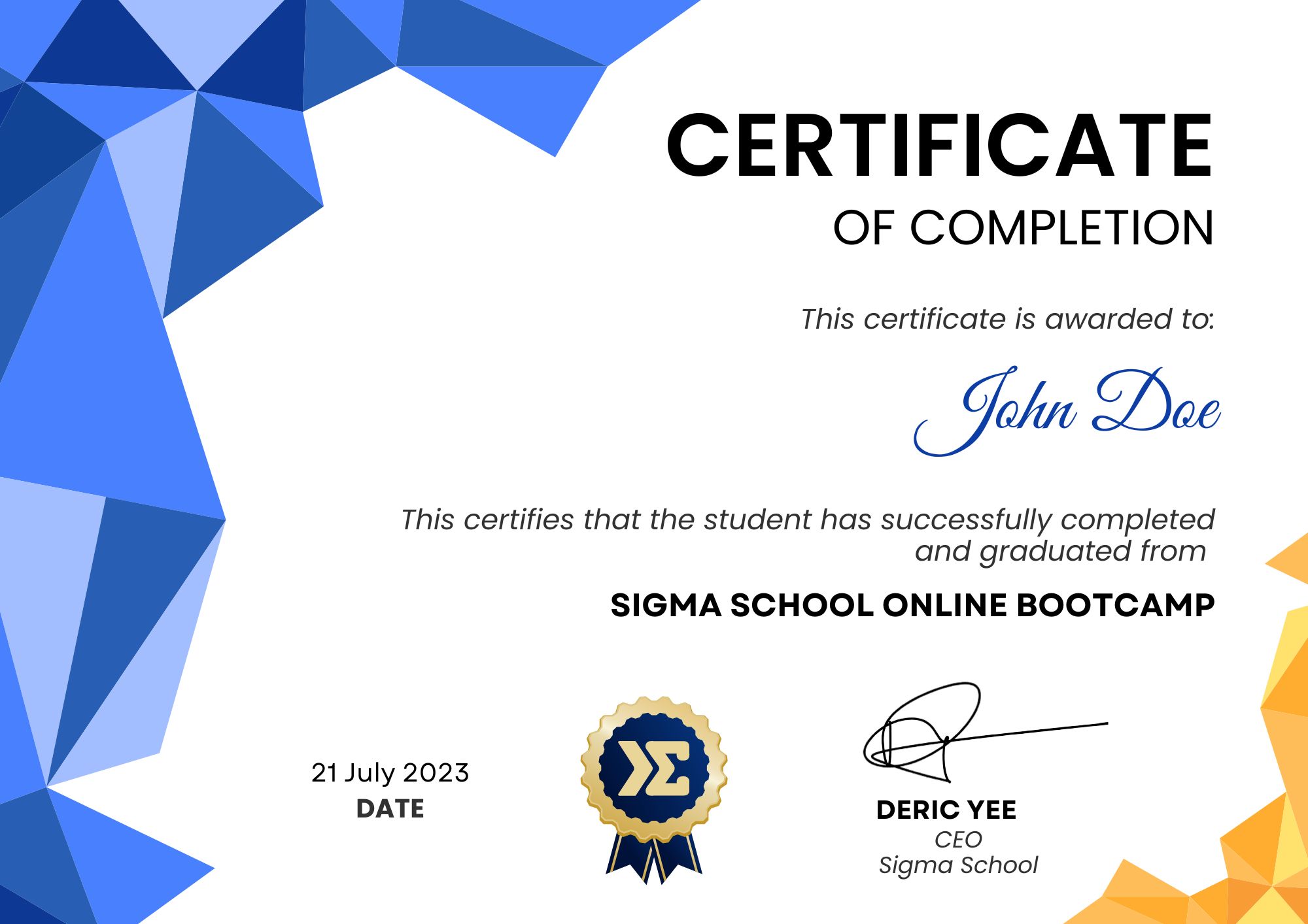 Sample certificate of completion from Sigma School, awarded to graduates of the Full Stack Coding Bootcamp, symbolizing the skills gained in coding fundamentals, front-end, back-end, full stack development, and computer science, enhancing their employability